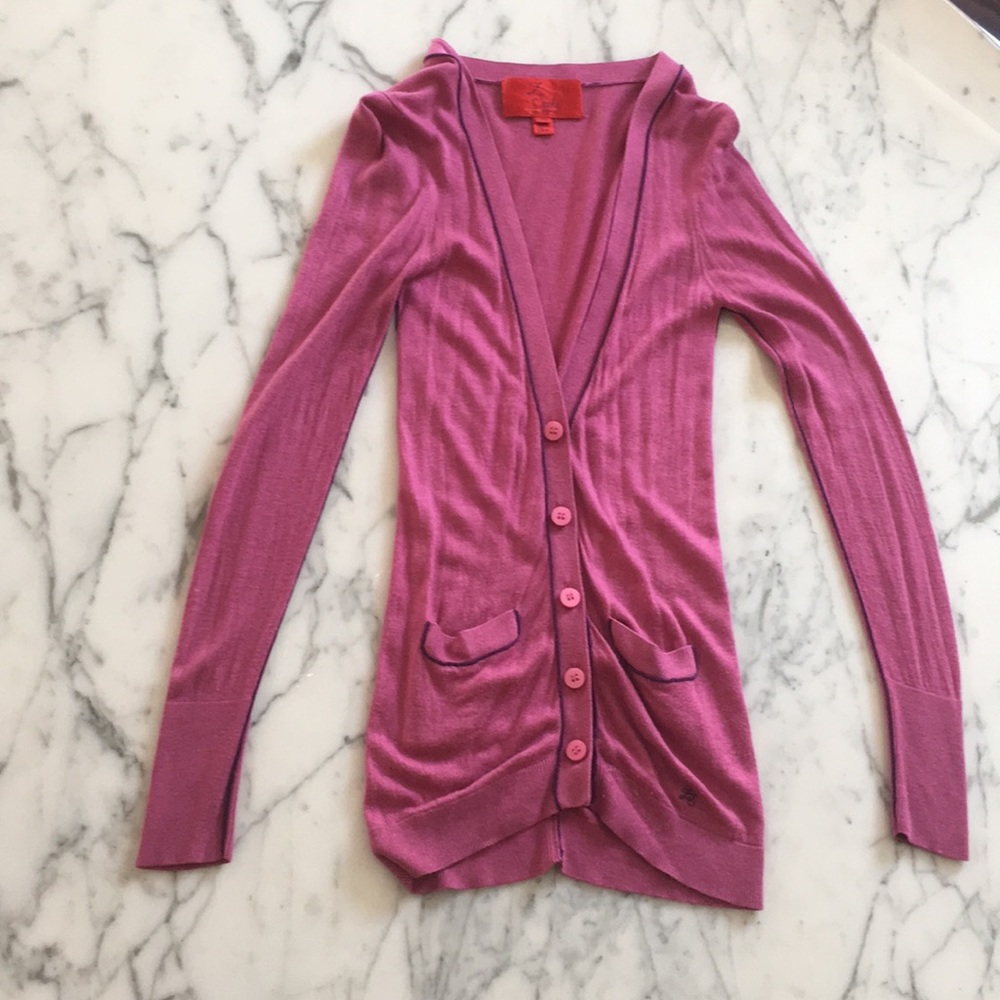Zac Posen zspoke pink cardigan with purple piping